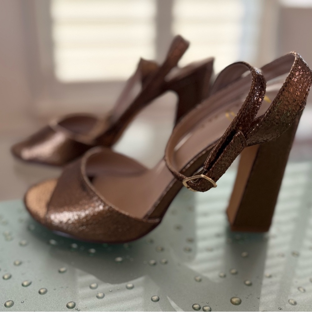 Lulus Laren Crackled Bronze Strap Block High Heel Sandals Size 6.5 - Picture 8 of 9